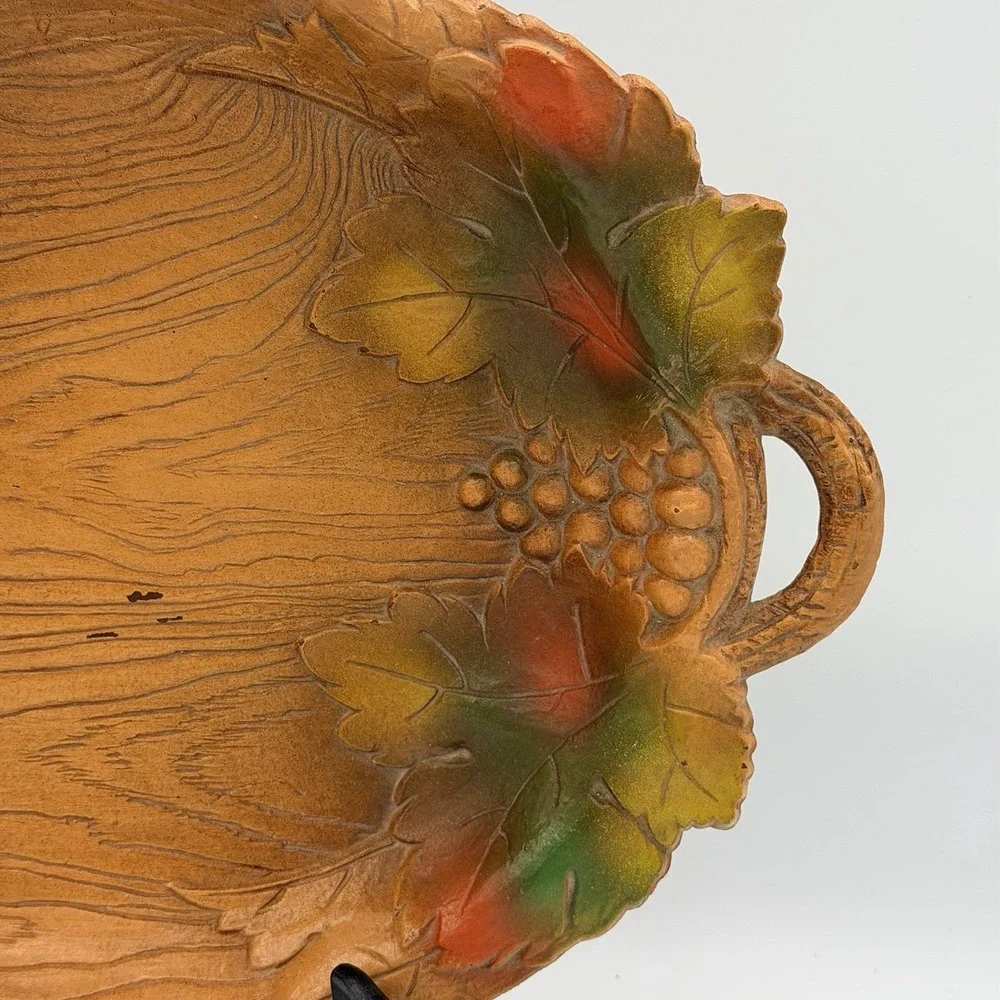 Vintage Serving Tray Wood Look Resin Grape Clusters Autumn Fall Theme 9x12
